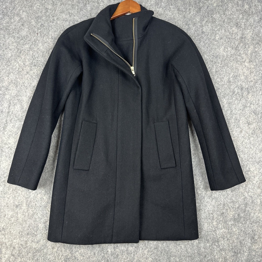 J Crew Coat Womens 00 Petite Black Wool Asymmetrical Full Zip Lady Day City Coat